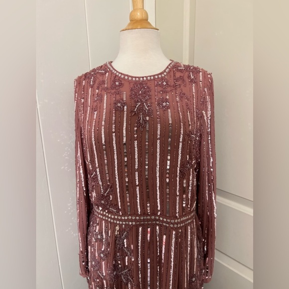 Mac Duggal $558 93627 Long Sleeve Pink Beaded Sequins Asymmetric Dress Gown - Picture 4 of 9